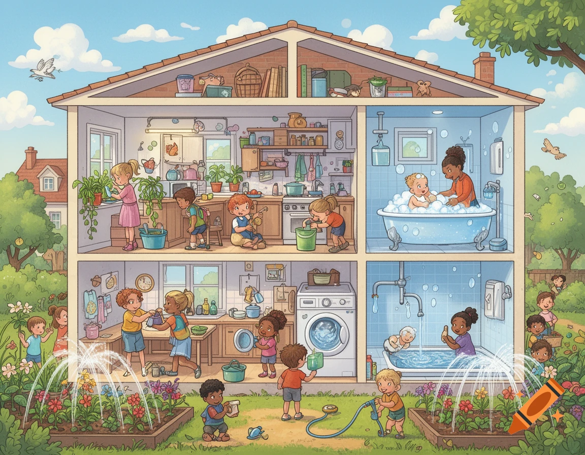 A detailed cross-section illustration of a house and garden, showing diverse children using water for bathing, washing clothes, and watering plants.