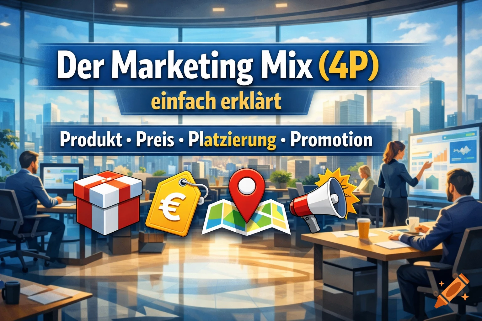 An office scene with a 'Marketing Mix (4P)' banner, featuring icons for Product, Price, Place, and Promotion, with city background.