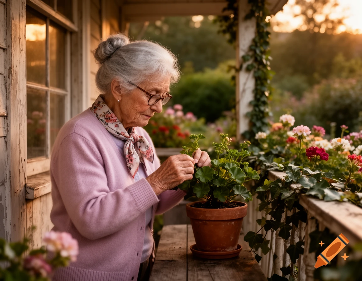 An elderly woman in a pink cardigan and glasses tends to a potted plant on a rustic porch at sunset, with a garden backdrop.