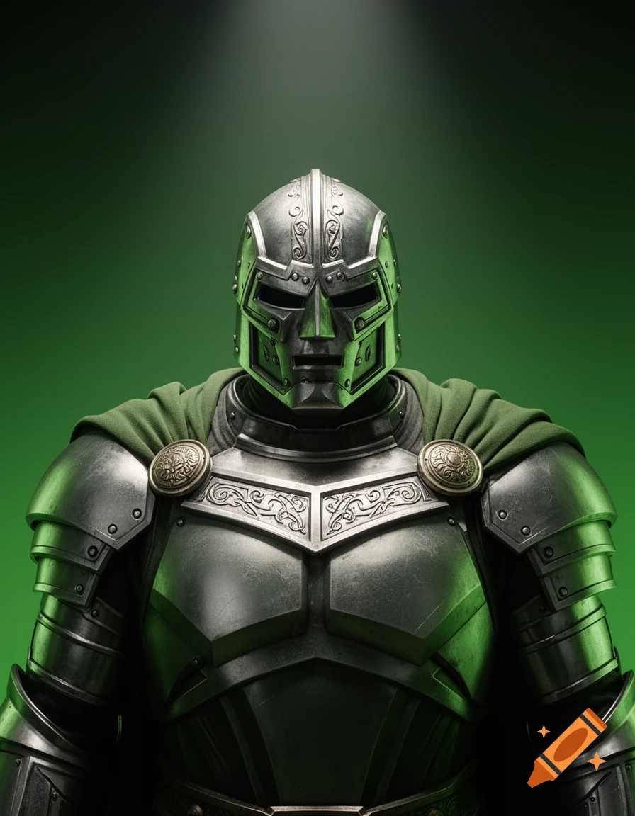 A close-up of a masked armored figure resembling Dr. Doom, wearing a metallic suit and green cape against a green gradient background.