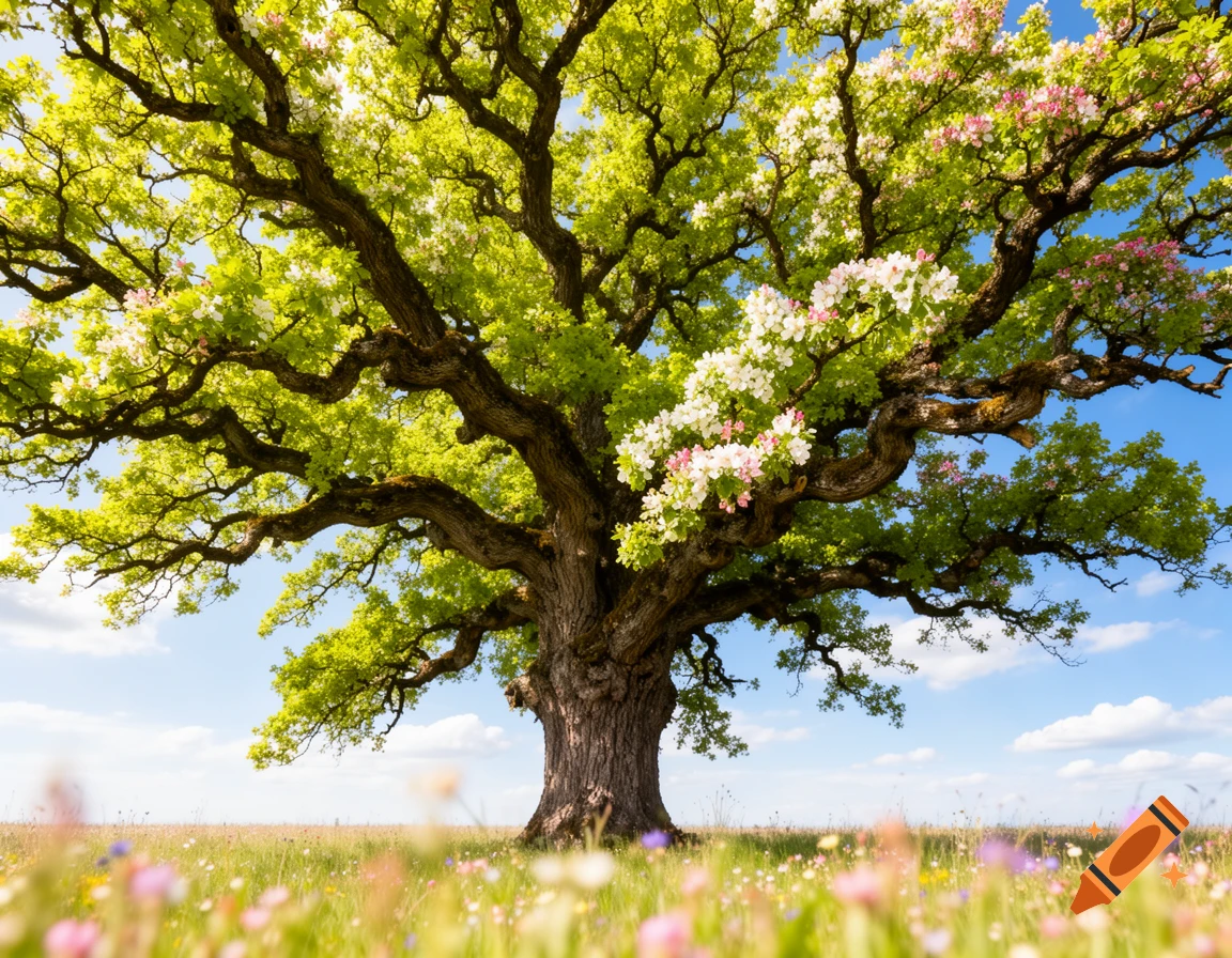 A large oak tree with green leaves and white and pink blossoms stands in a vibrant spring meadow under a blue sky.