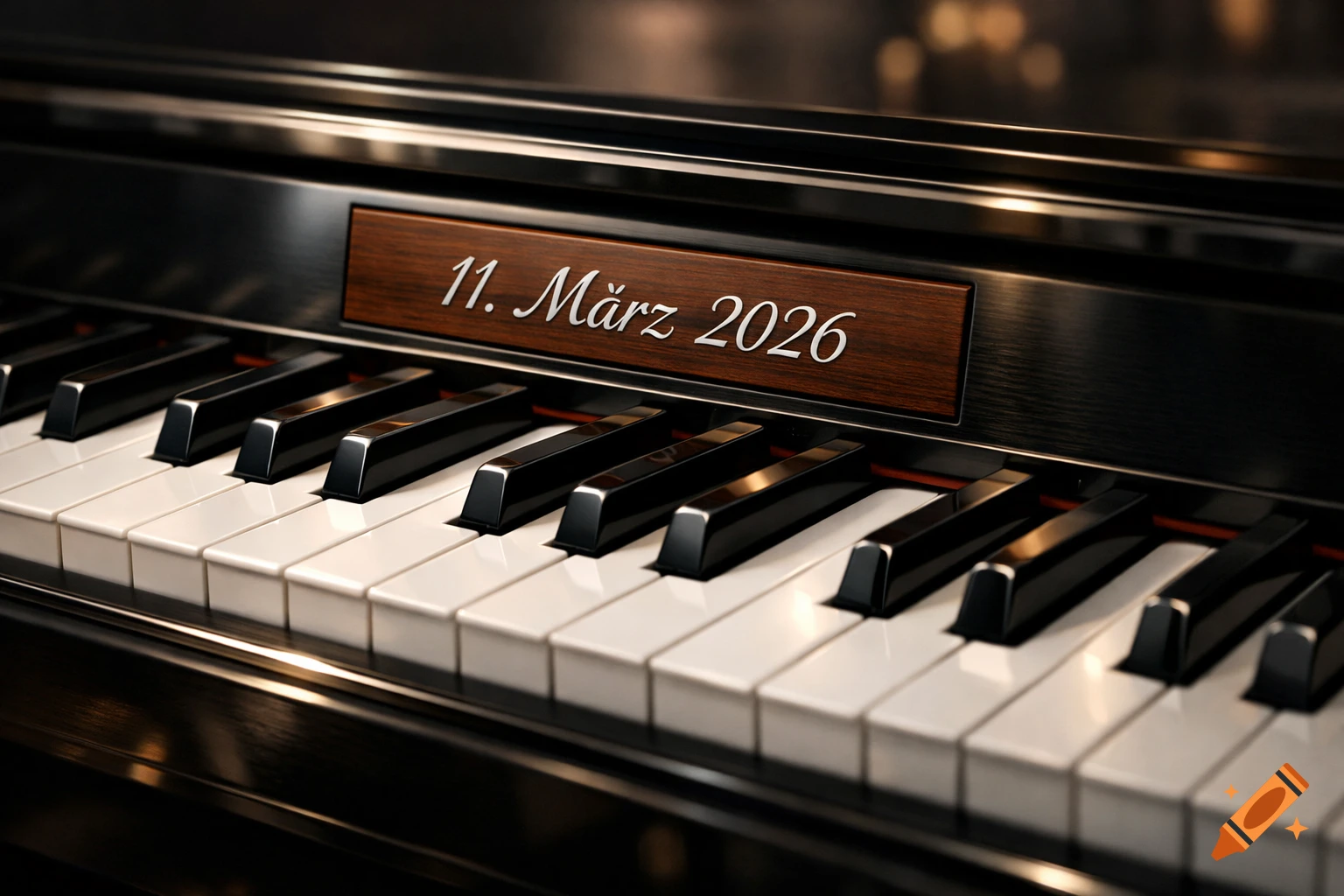 A close-up, photorealistic image of a black piano keyboard with a wooden plaque displaying "11. M rz 2026" in white text.