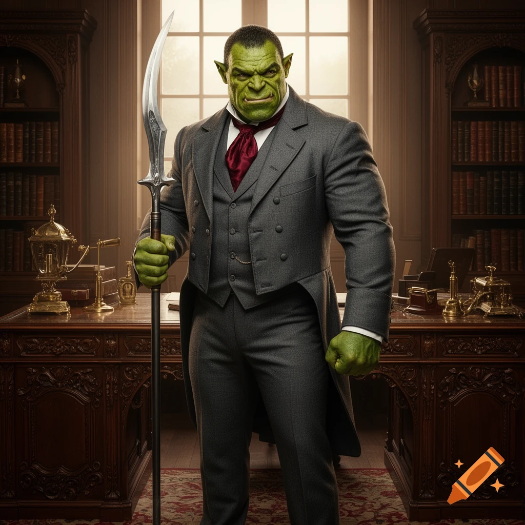 Muscular green orc in a grey Victorian suit and red cravat, holding a polearm in a detailed study.