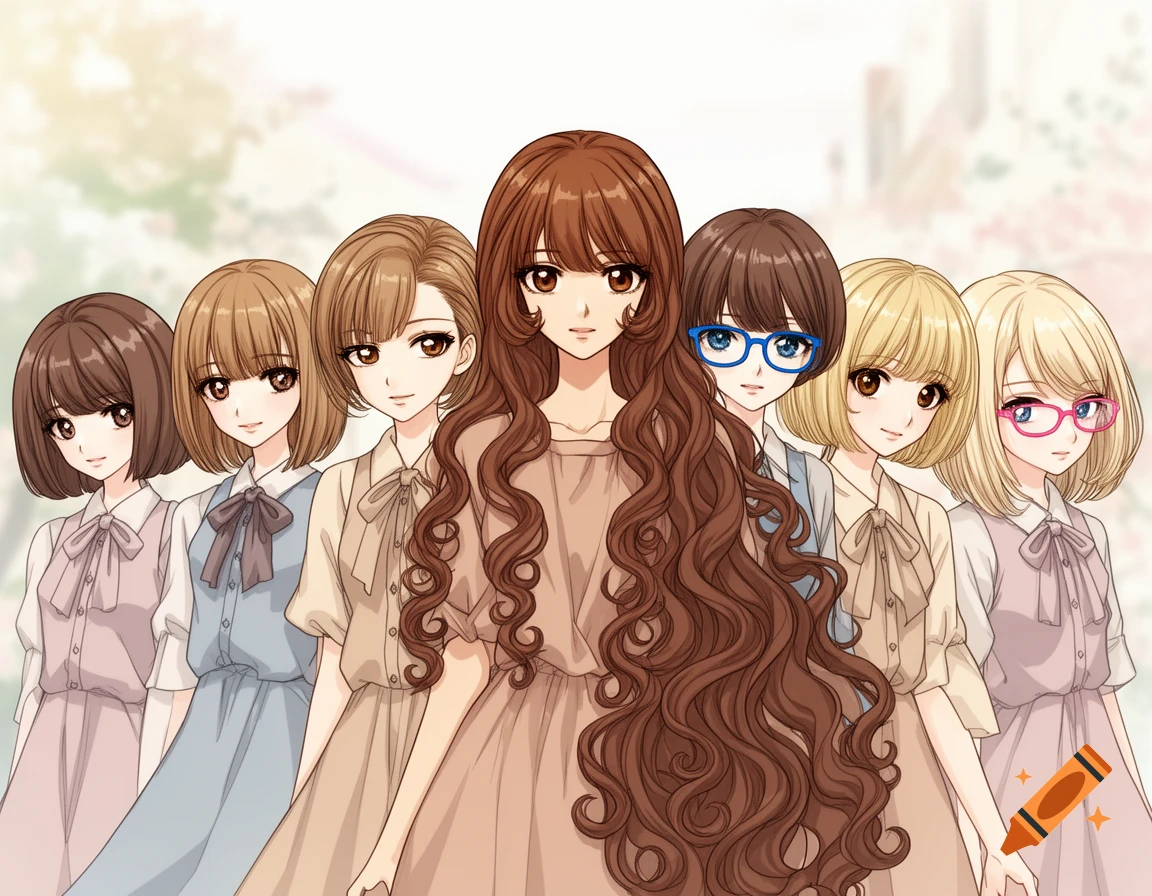 Seven anime-style girls in various shades of brown and blonde hair, some with glasses, stand in a line.