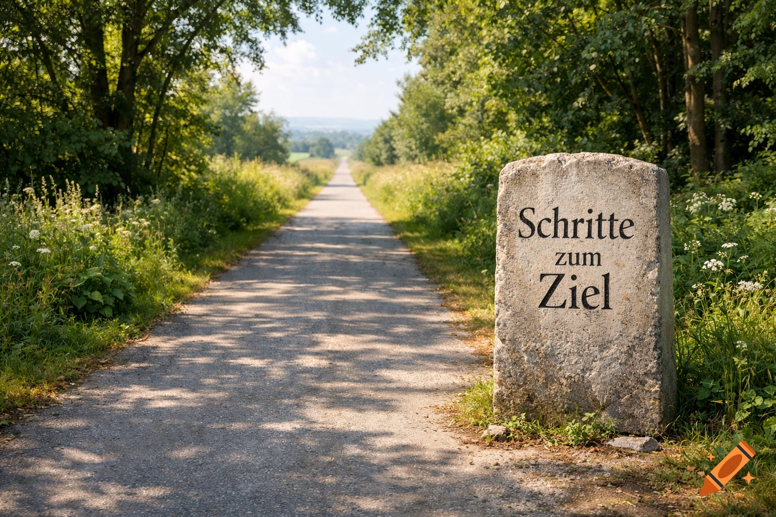 A path stretching into the distance, flanked by green trees and foliage, with a stone marker in the foreground reading 'Schritte zum Ziel'.