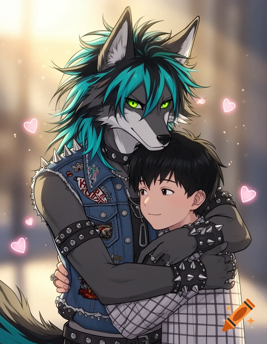 An anime-style anthropomorphic punk wolf with green eyes and teal hair, wearing a studded denim vest, hugs a young man.