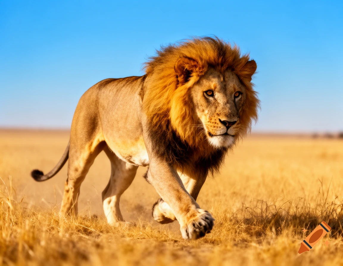 A majestic male lion with a full mane walks through golden savanna grass under a clear blue sky, looking forward.