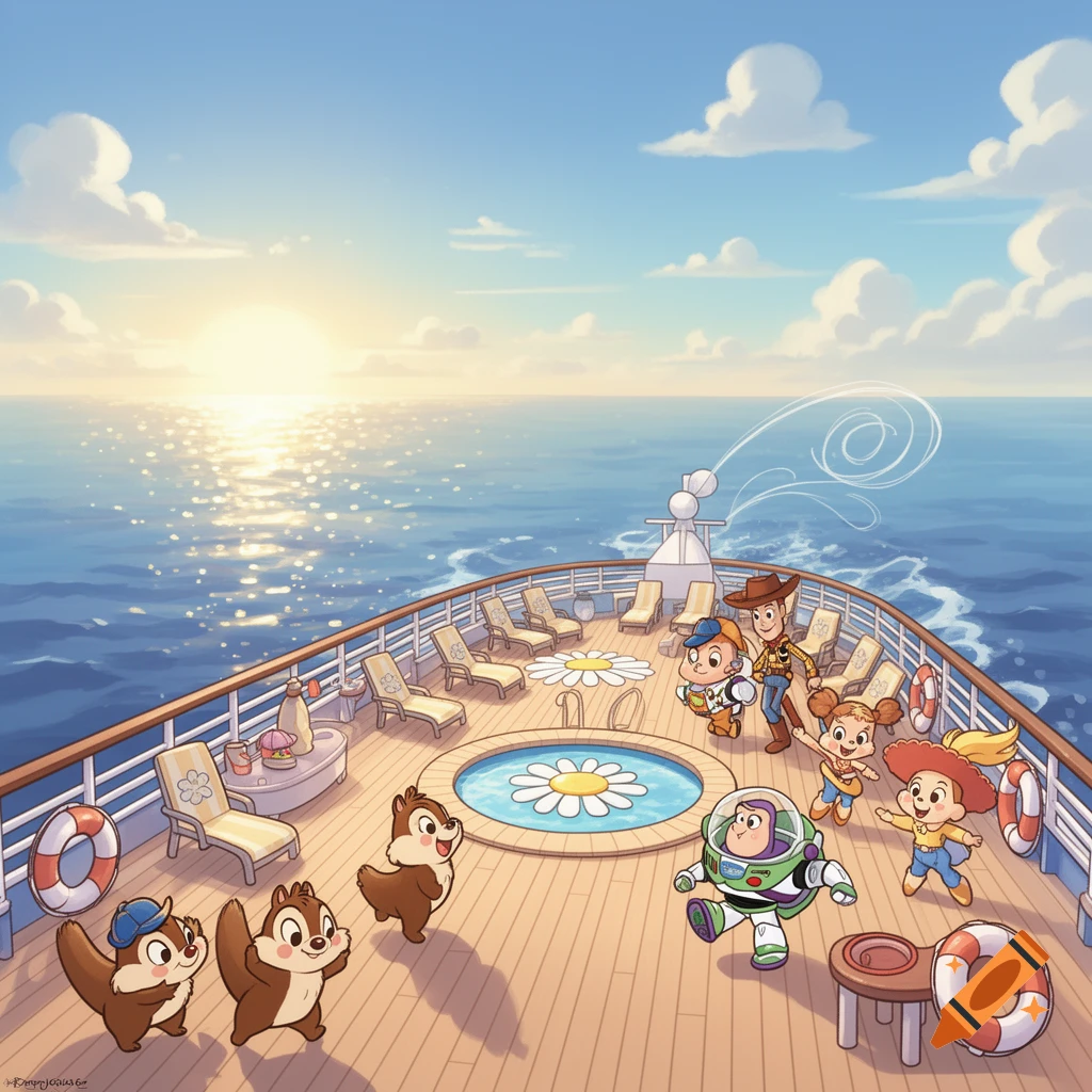 Cartoon Chip and Dale, Woody, Buzz Lightyear, Jessie, and other child-like characters playing on a cruise ship deck at sunset.