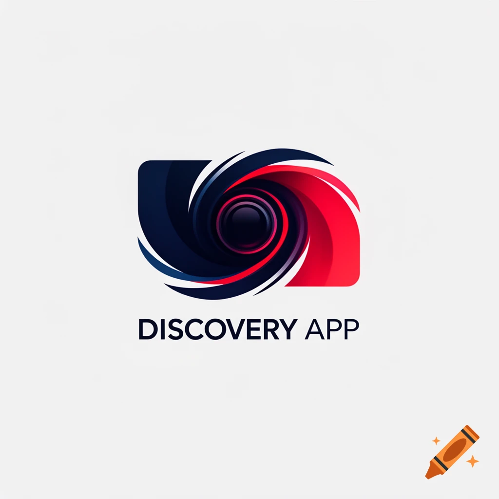 Minimalist logo with a swirling dark blue and red camera lens graphic above 'DISCOVERY APP' text.