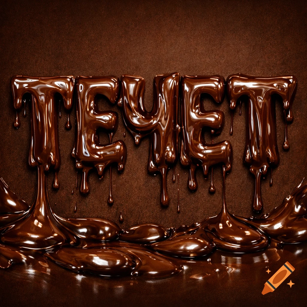 The Russian word 'TEЧET' rendered in dripping, glossy melted chocolate against a chocolate background.
