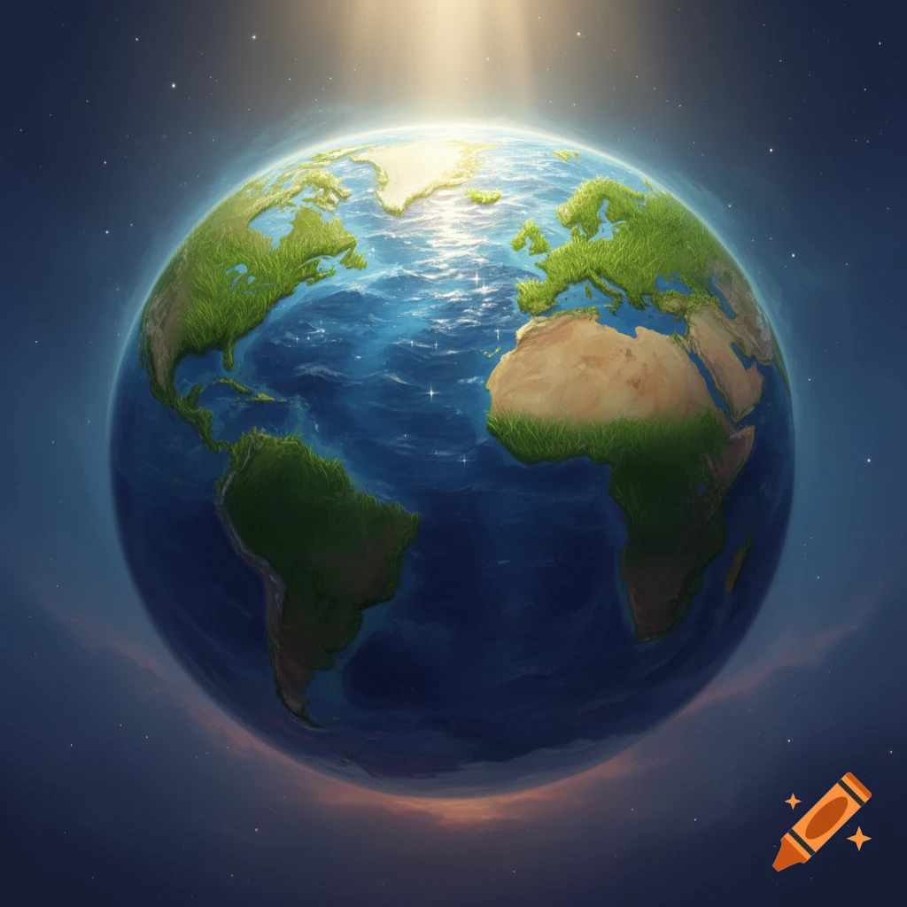 A stylized globe of Earth from space, with lush green continents and sparkling blue oceans, illuminated by sunlight.