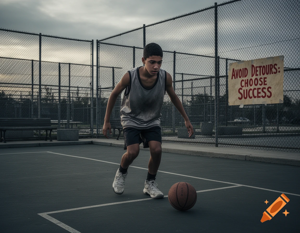 A young male basketball player dribbling a ball on an outdoor court with a motivational sign behind him, in a photorealistic style.