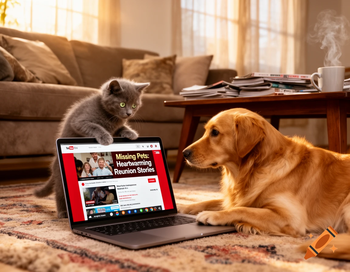 A fluffy gray kitten stands on a laptop, looking at a golden retriever lying next to it, watching "Missing Pets: Heartwarming Reunion Stories" on YouTube.