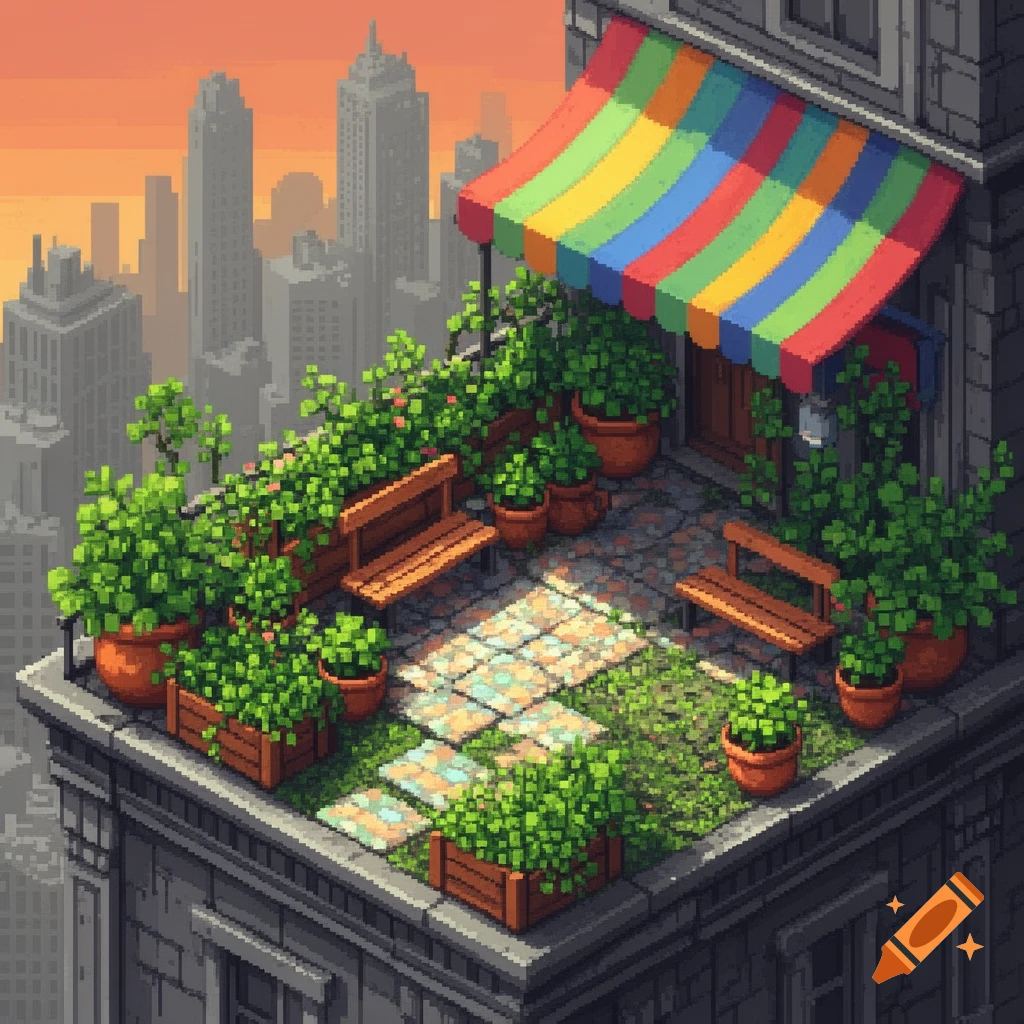 Pixel Rooftop Background Isometric pixel art of a vibrant rooftop garden with plants, benches ...