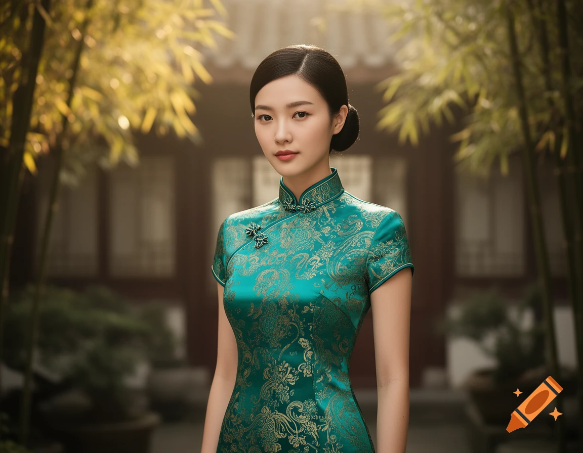A young East Asian woman in a teal cheongsam with gold patterns, standing in a traditional Chinese garden with bamboo.