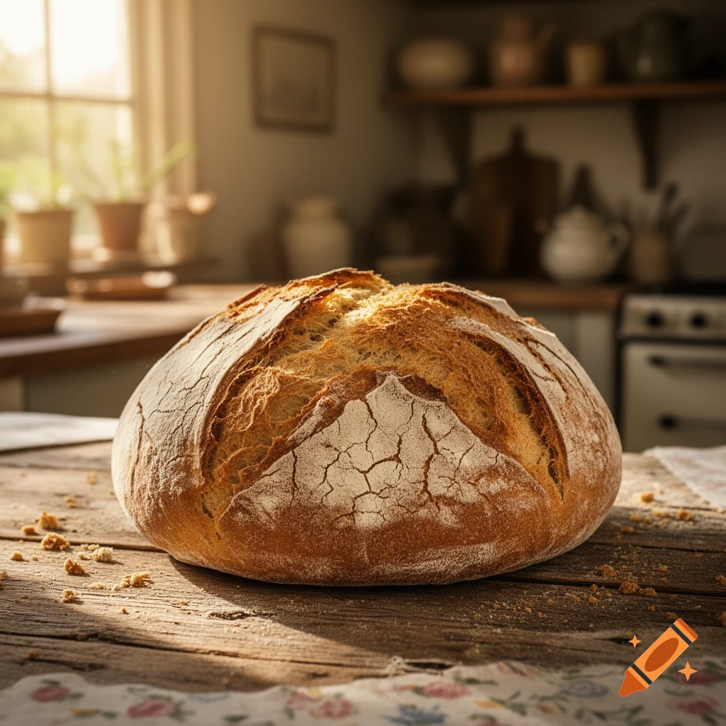 A rustic loaf of bread sits on a wooden table in a sunlit kitchen, crumbs scattered around.