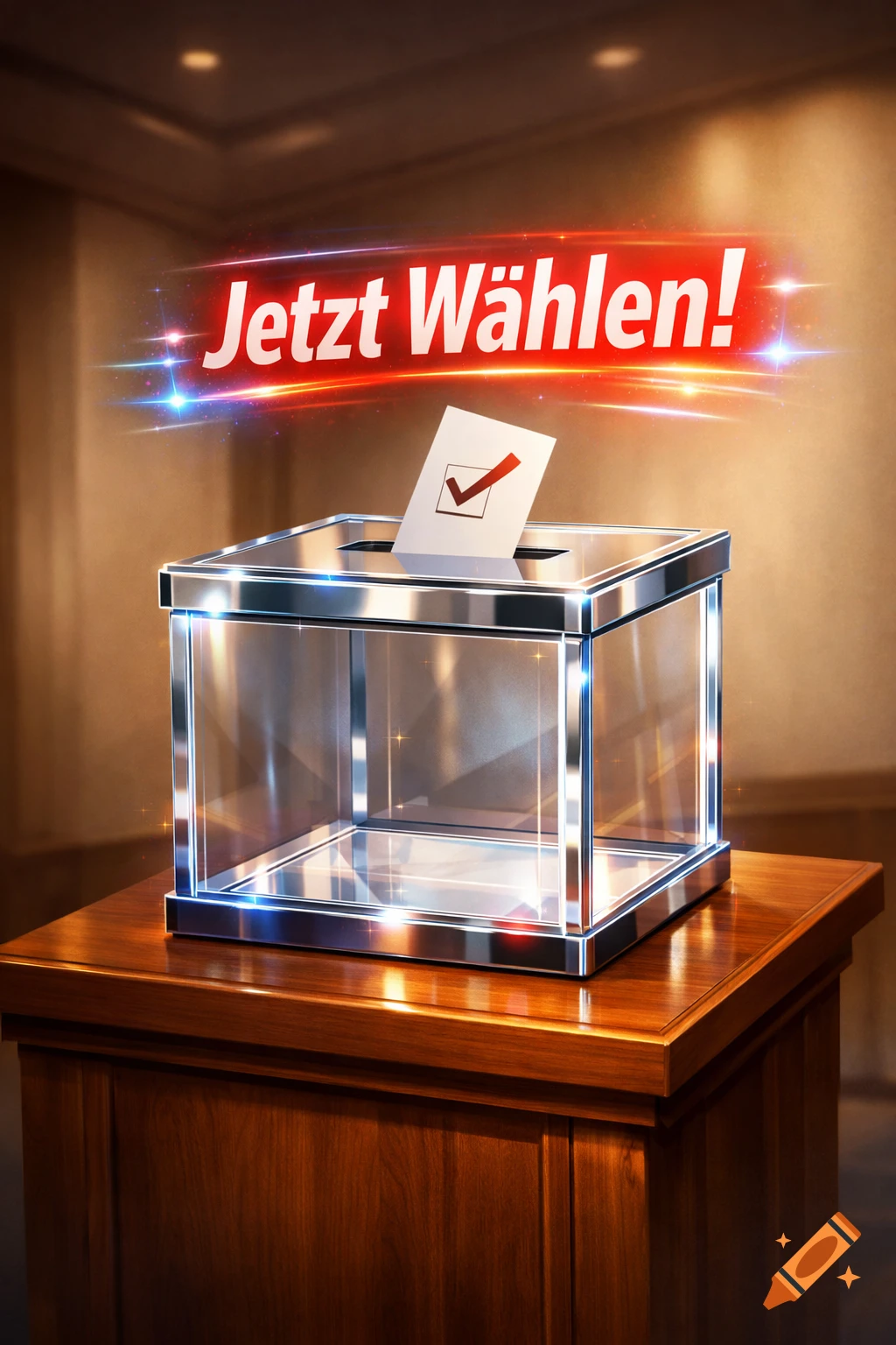A shiny glass and chrome ballot box on a wooden stand, with a ballot paper being cast under a glowing 'Jetzt Wählen!' slogan.