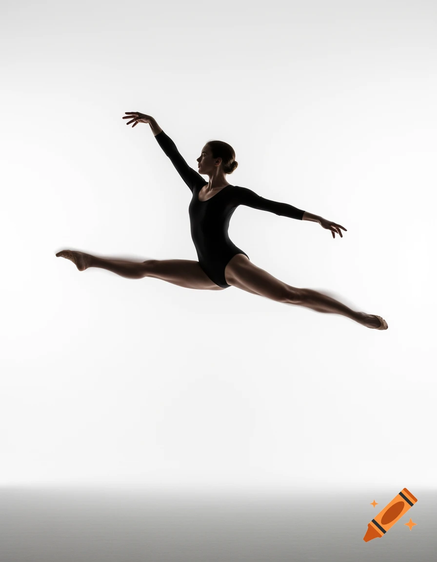 Silhouetted ballet dancer mid-air in a graceful split leap against a bright white background.