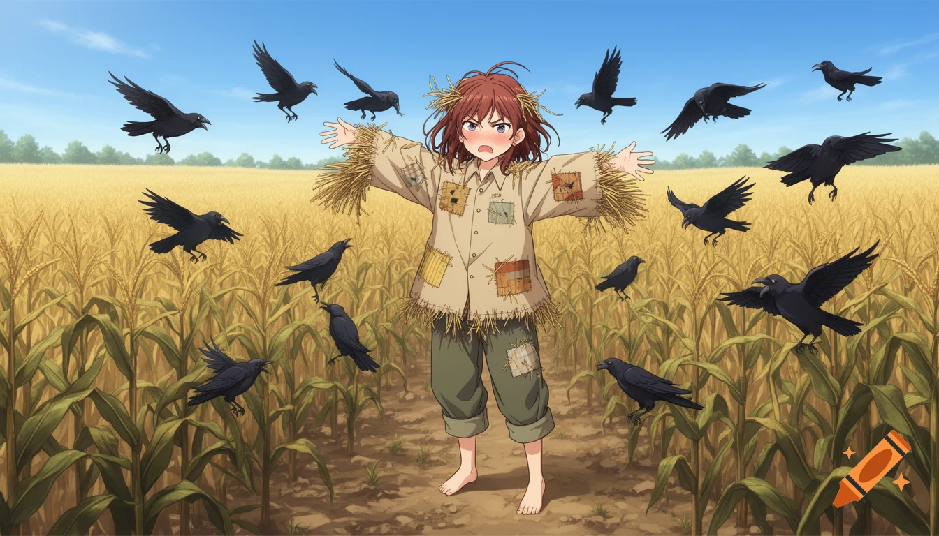 An anime girl, barefoot and dressed as a scarecrow, stands frustrated with outstretched arms in a cornfield surrounded by many crows.