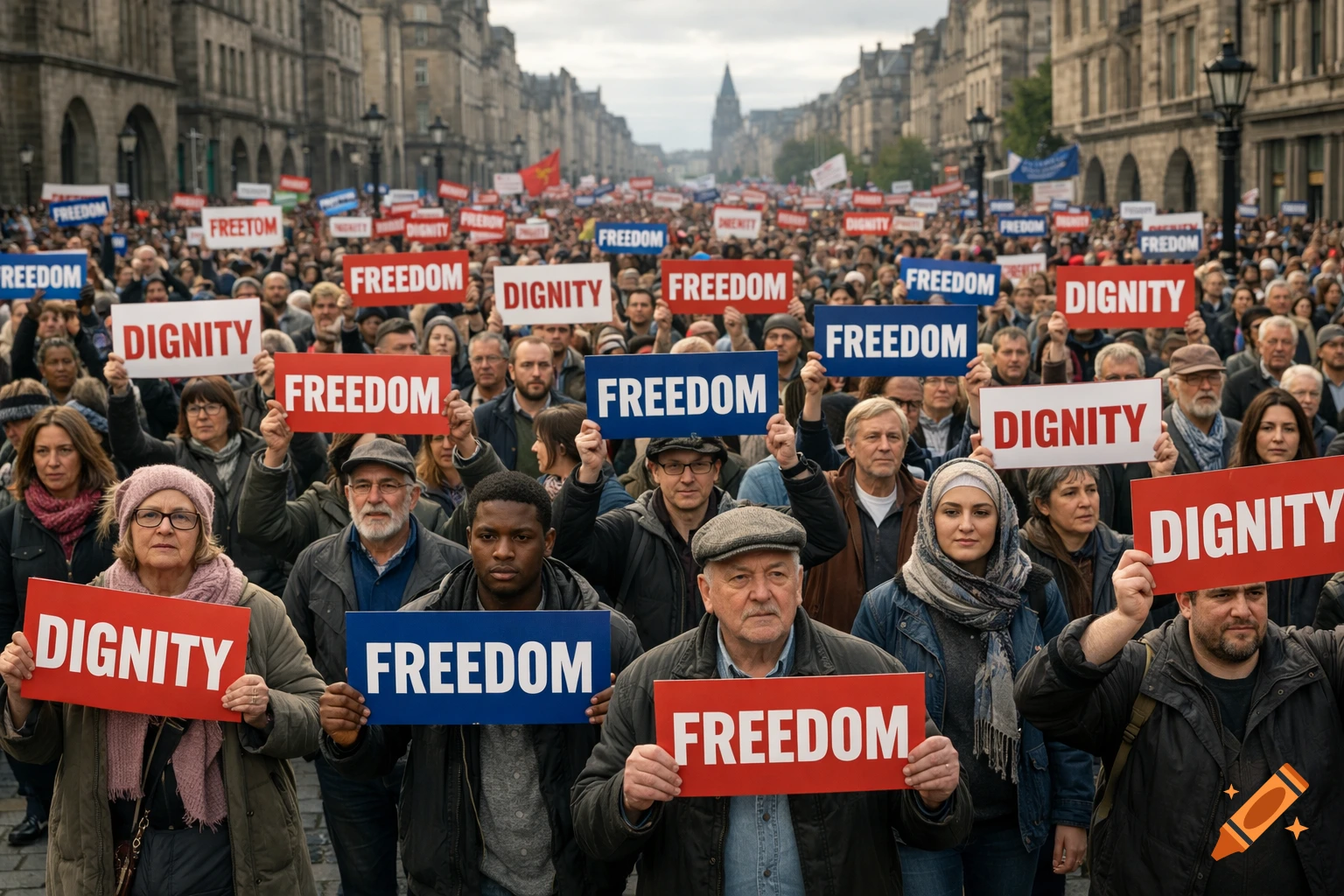 Photorealistic image of a diverse crowd marching on a city street, holding signs for 'FREEDOM' and 'DIGNITY'.