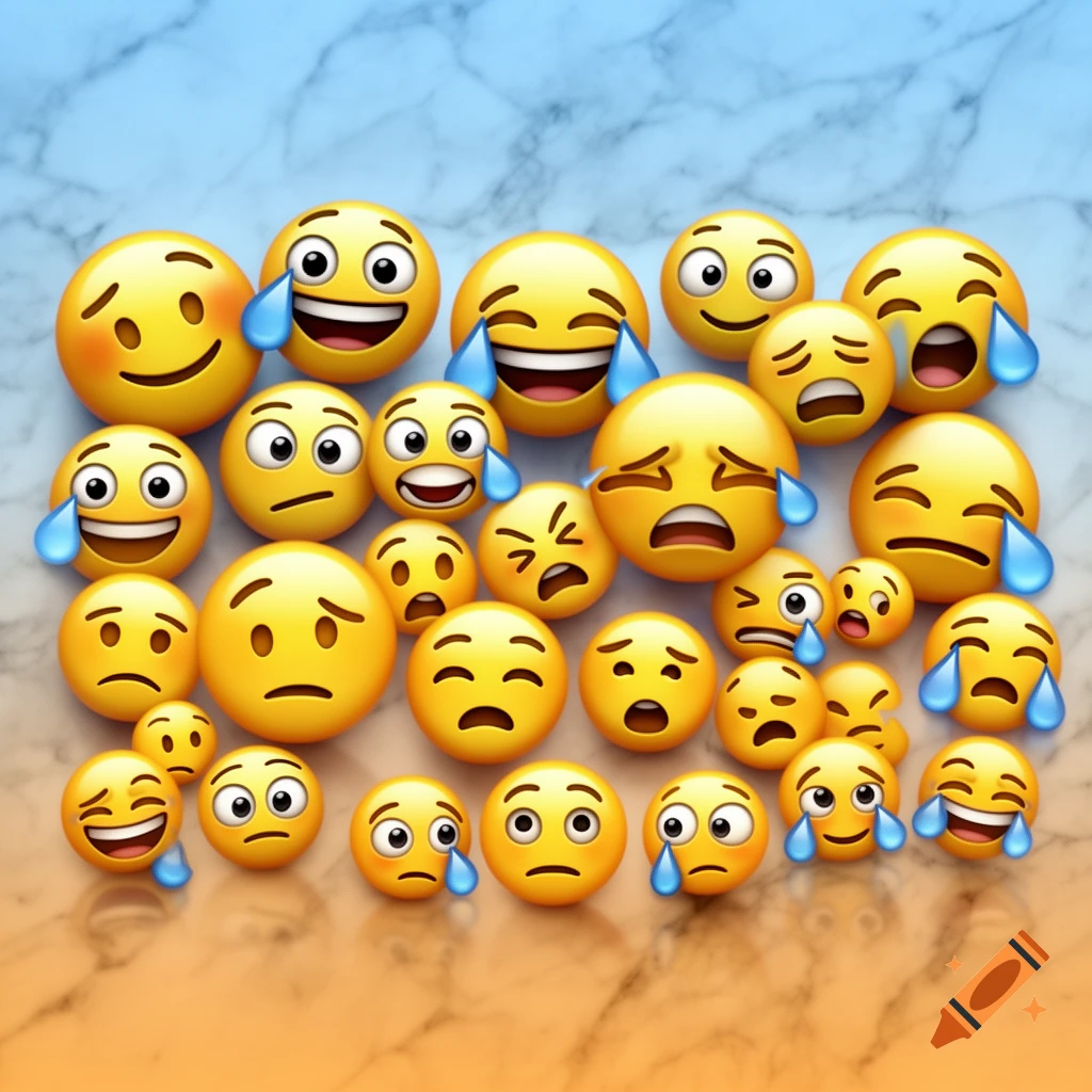 A colorful collection of 3D emojis showing various emotions, arranged closely together on a blue and orange marbled surface.