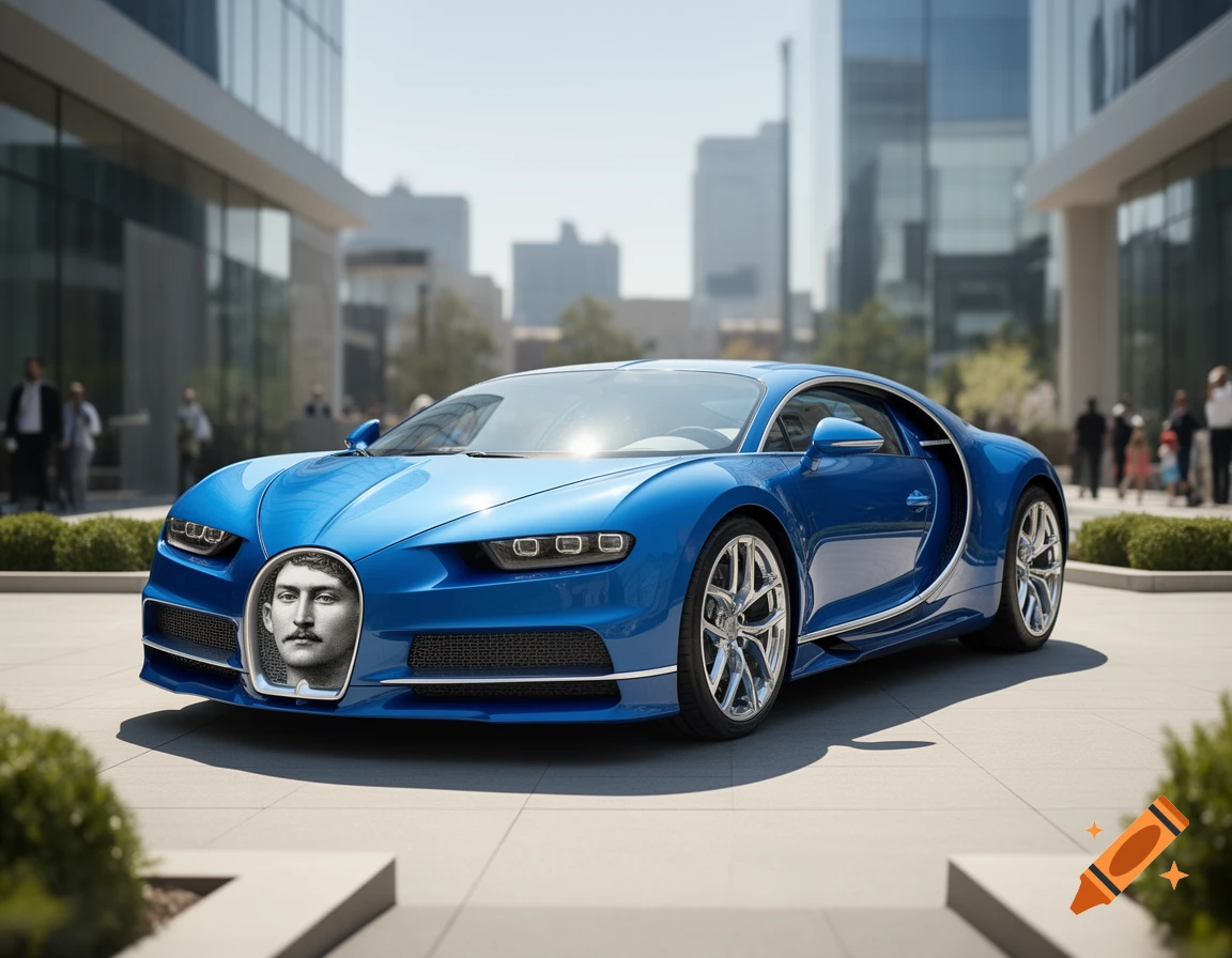 A blue Bugatti Chiron car with the face of Gavrilo Princip embedded in its front grille, parked in front of a modern building.