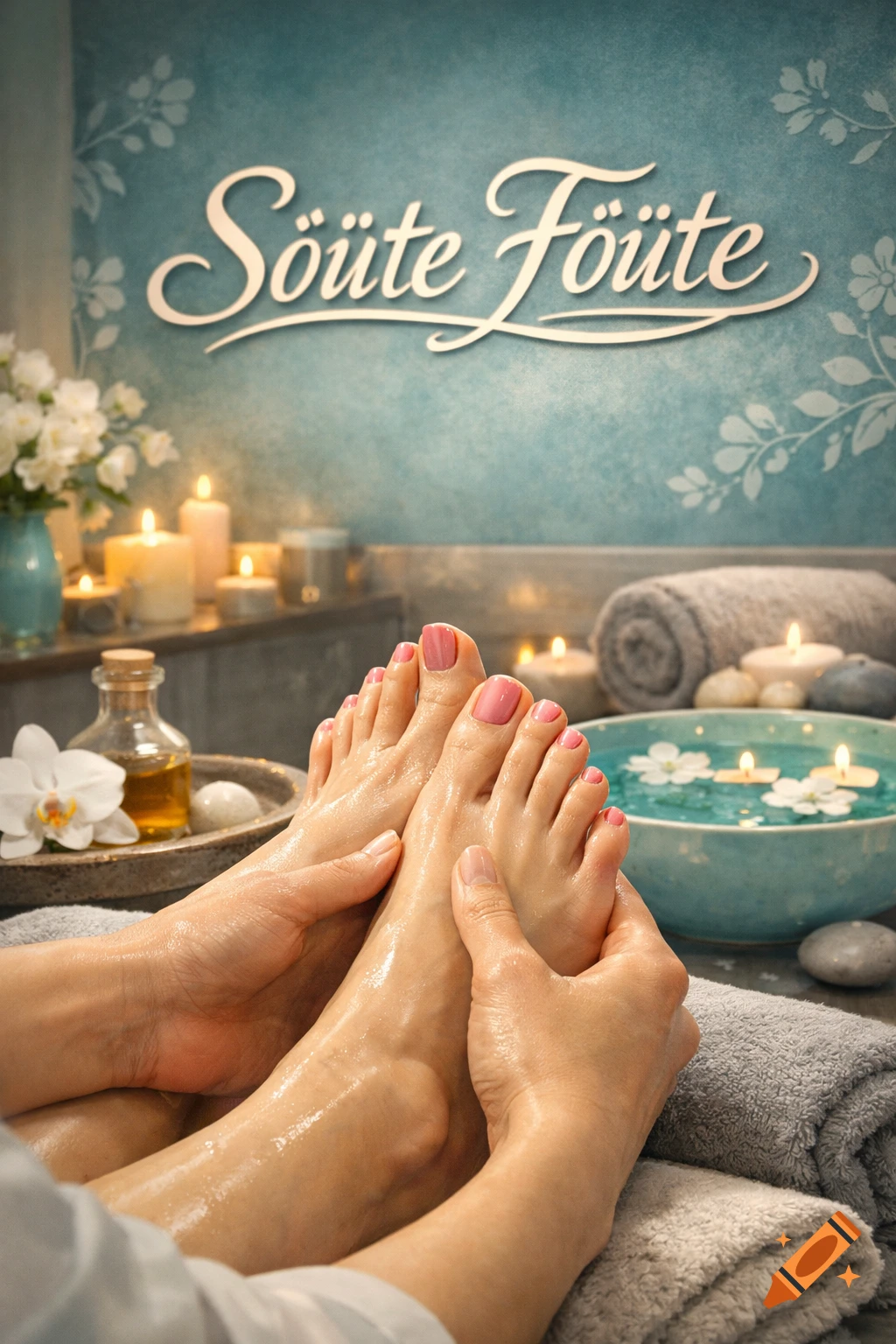 Close-up of hands massaging feet with pink nail polish, in a serene spa setting with candles and a bowl of water. Text "Söüte Föüte" on the blue wall.