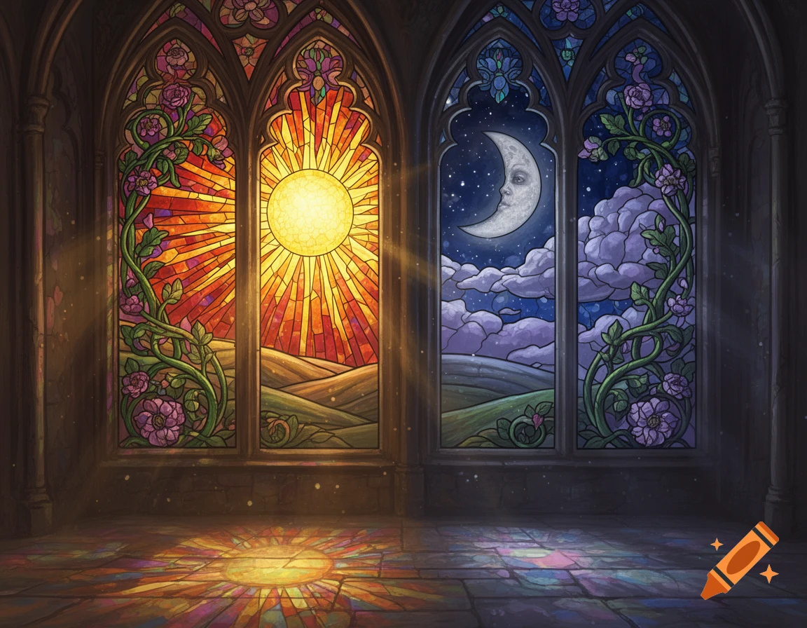 A pair of gothic-style stained glass windows. One shows a bright sun over hills, the other a crescent moon and clouds at night.
