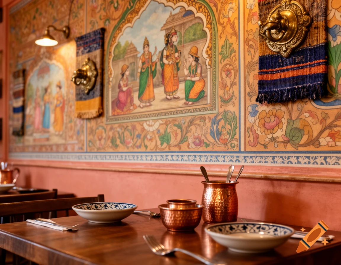 Interior of an Indian restaurant with ornate murals on peach walls and a wooden table set with traditional copperware and ceramic bowls.