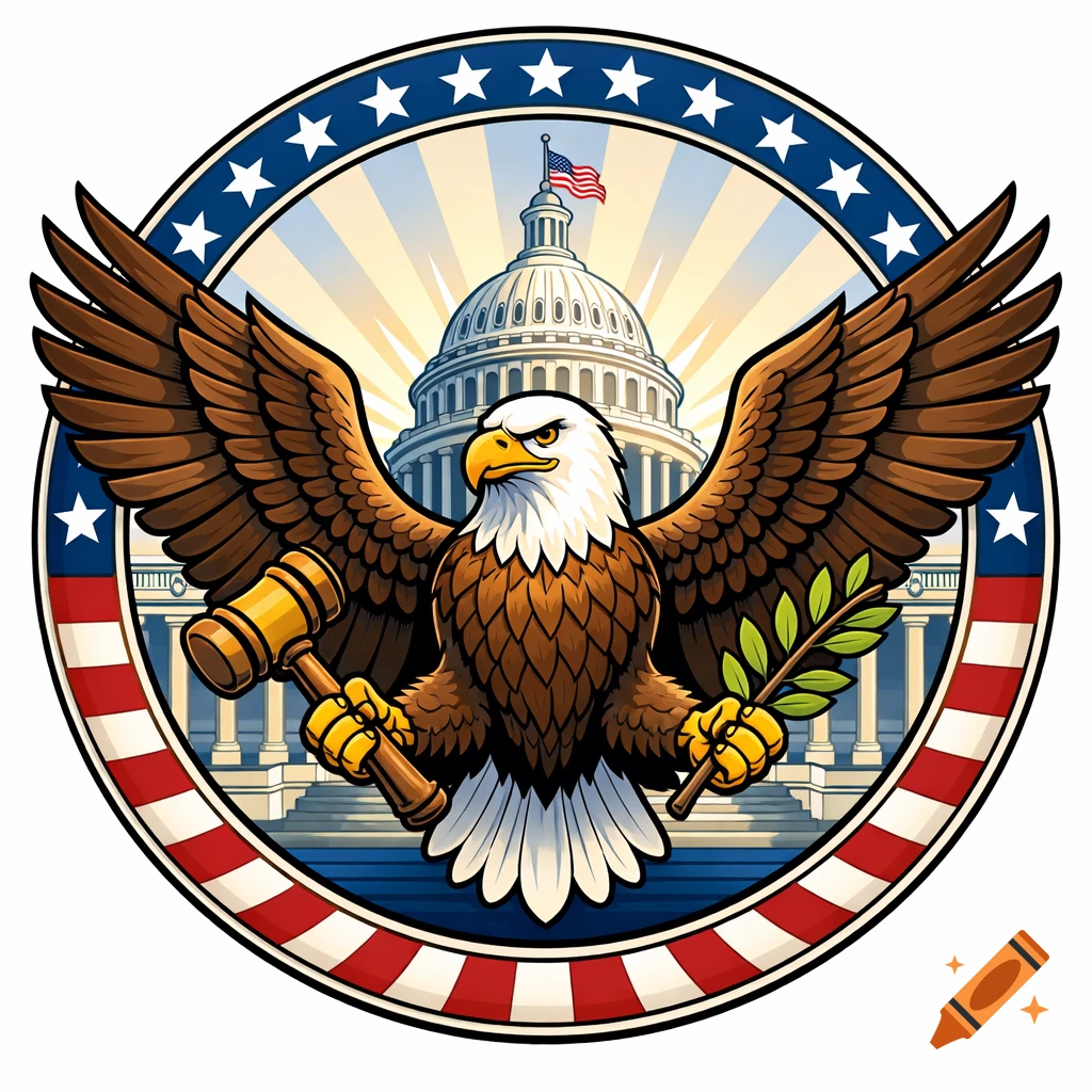 Patriotic emblem: bald eagle with gavel and olive branch, U.S. Capitol, stars and stripes border.