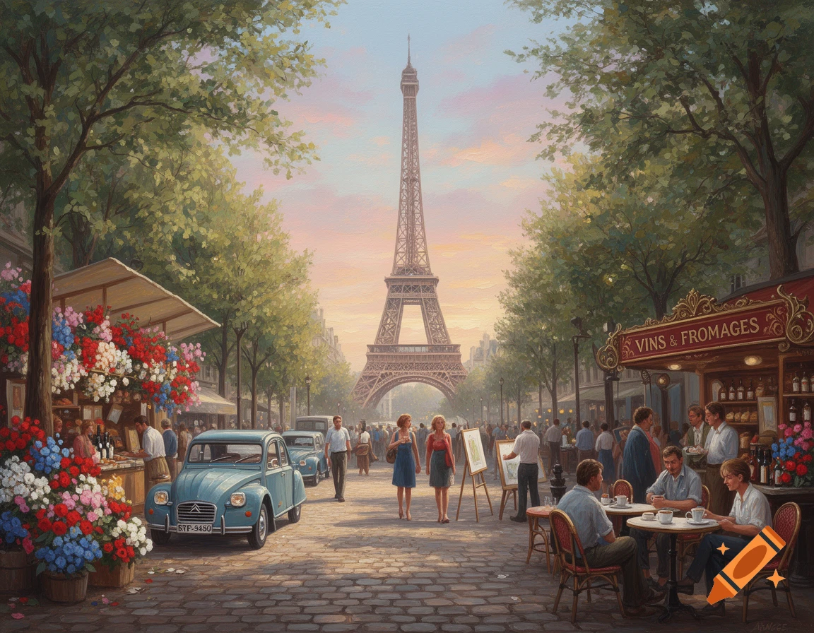Painterly view of a bustling Parisian street with the Eiffel Tower in the distance, people at cafes, flower stalls, and a vintage blue car.