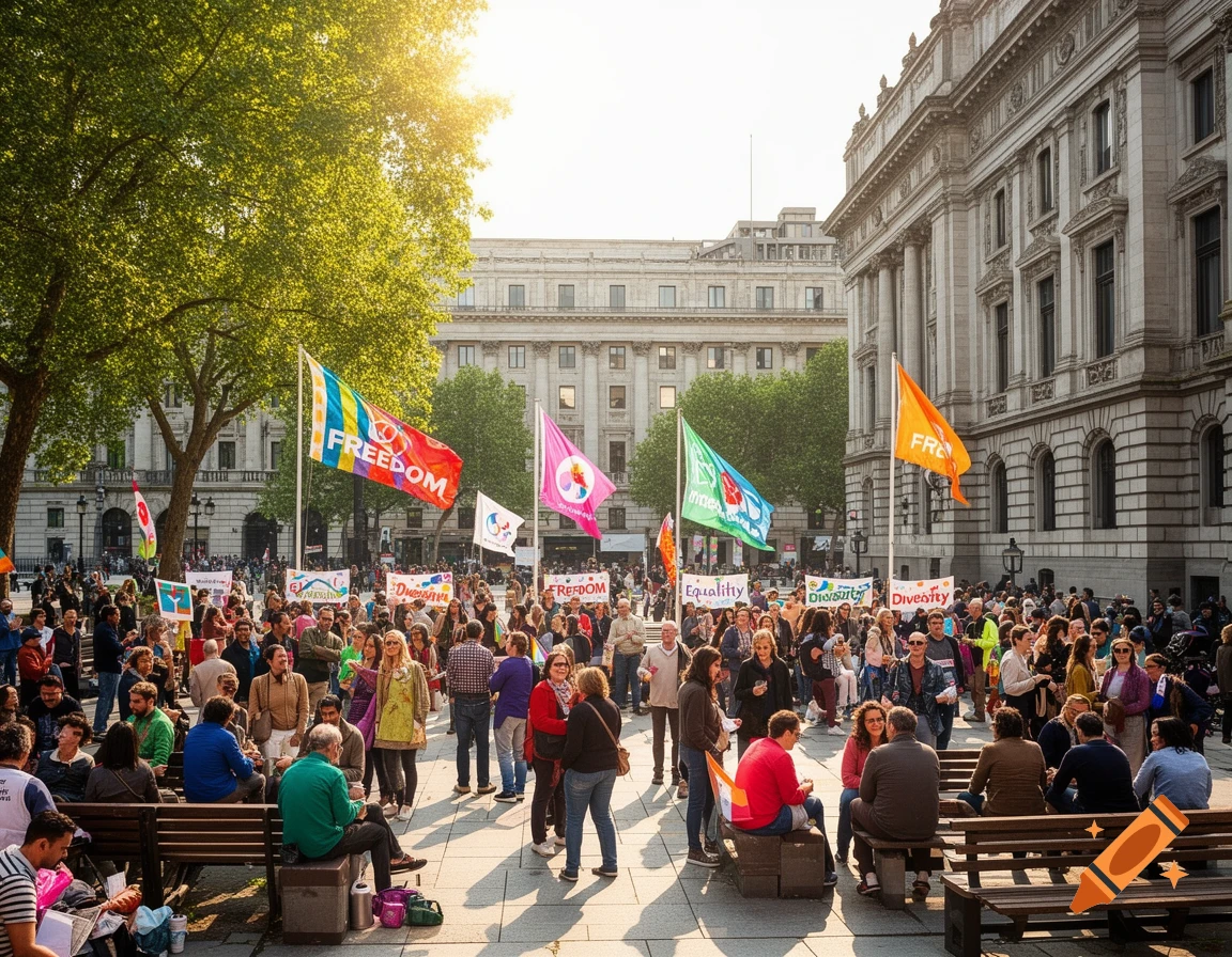 A large crowd gathers in a sunny city square, holding flags and banners displaying words like 'FREEDOM', 'Equality', and 'Diversity' in front of historic buildings.