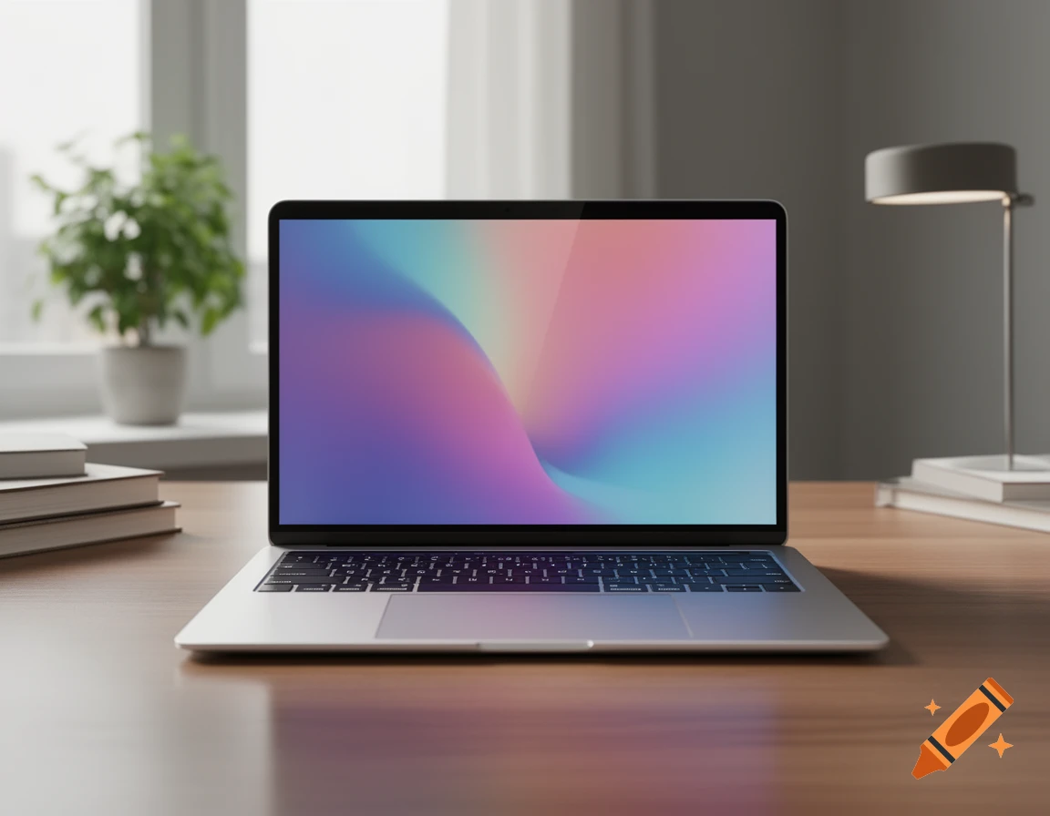 A silver laptop with a colorful abstract background on its screen sits on a wooden desk with books and a lamp.
