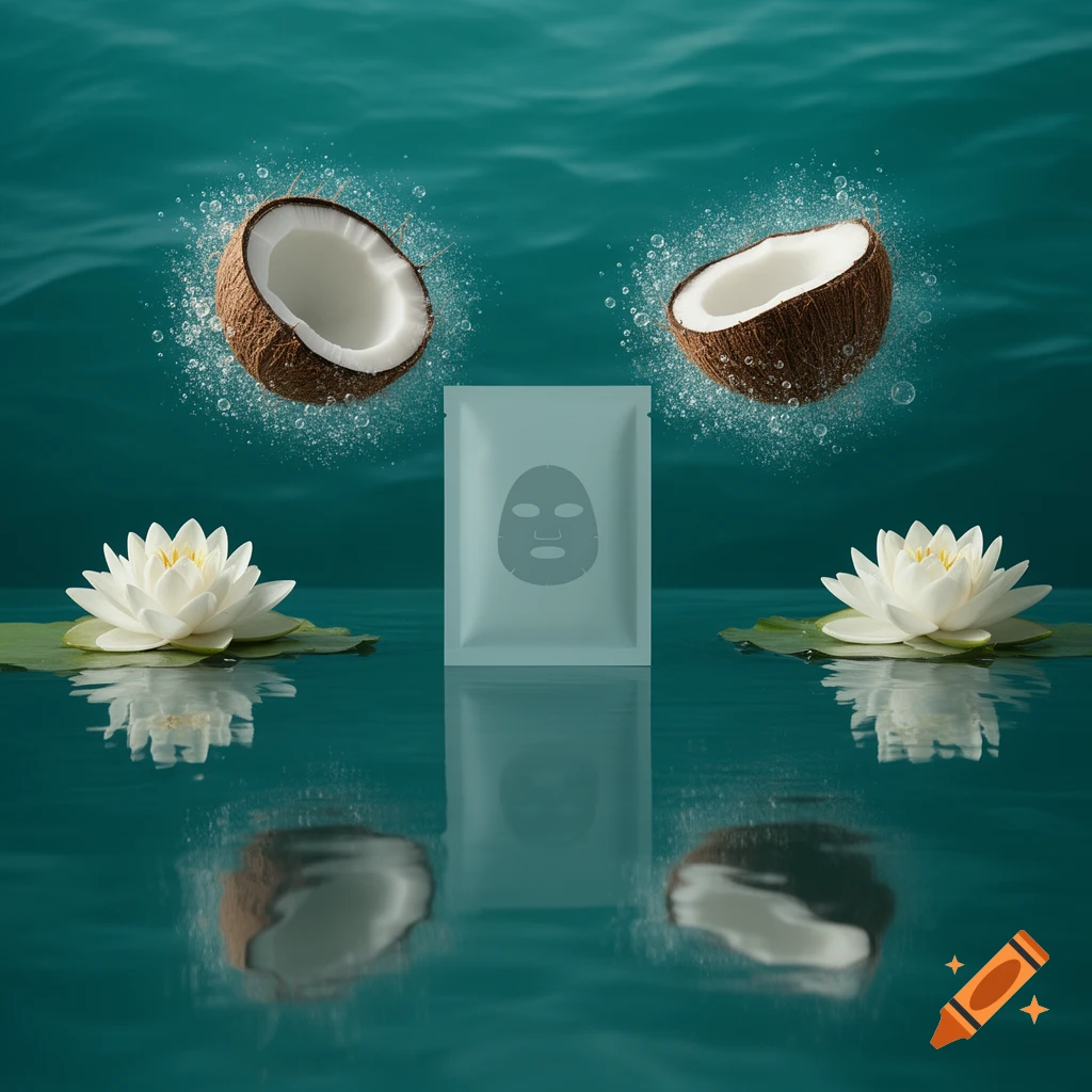 Editorial-style image of coconut halves, white water lilies, and a face mask packet floating on reflective turquoise water.
