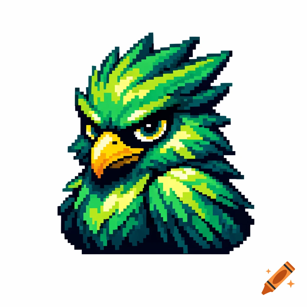 A vibrant green and yellow pixel-art bird head with a sharp beak and expressive eye, designed in a 16-bit style.