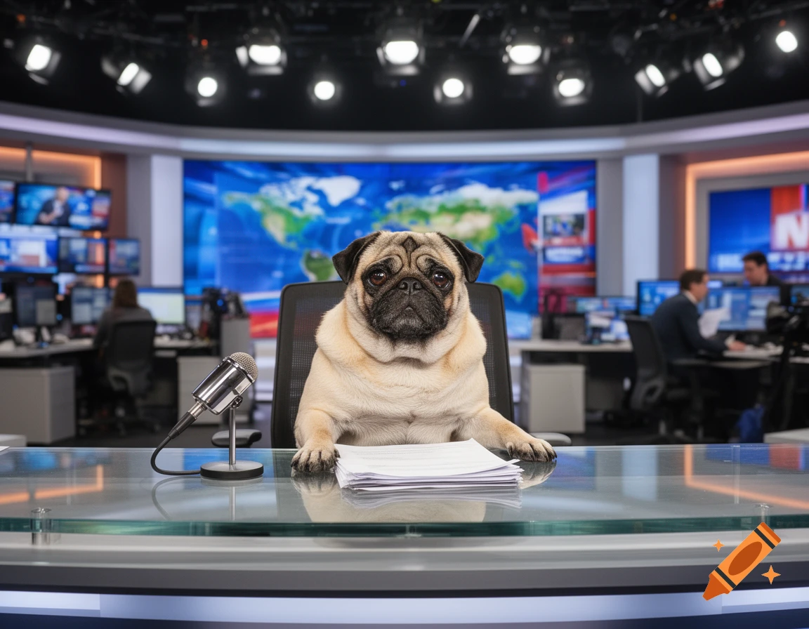 A photorealistic image of a pug dog sitting behind a news desk in a broadcast studio, with a microphone and papers in front of it. People and screens are visible in the background.
