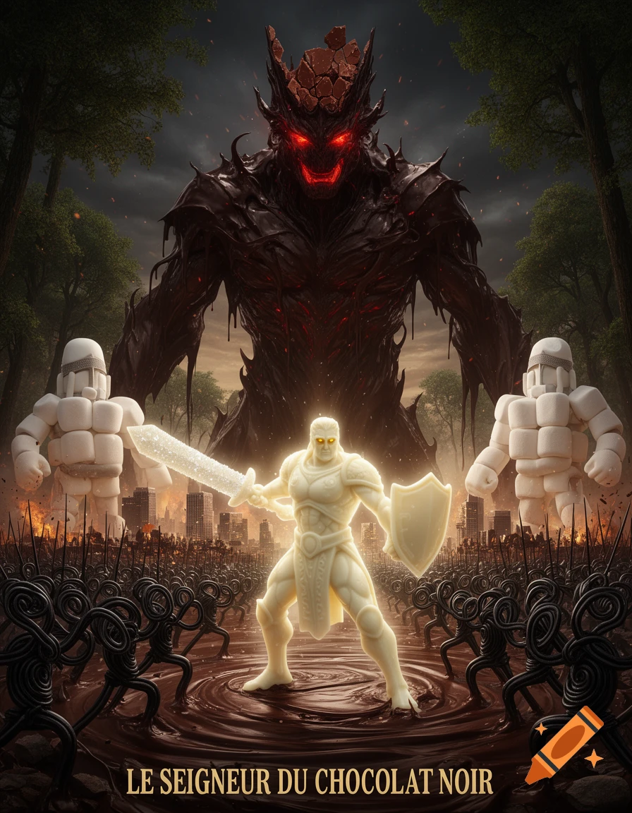 A giant dark chocolate monster with red eyes battles a white chocolate warrior, marshmallow giants, and licorice soldiers on a molten chocolate battlefield.