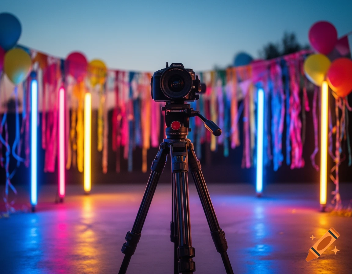 A camera on a tripod facing a colorful party background with balloons, streamers, and glowing blue, pink, and yellow neon lights.