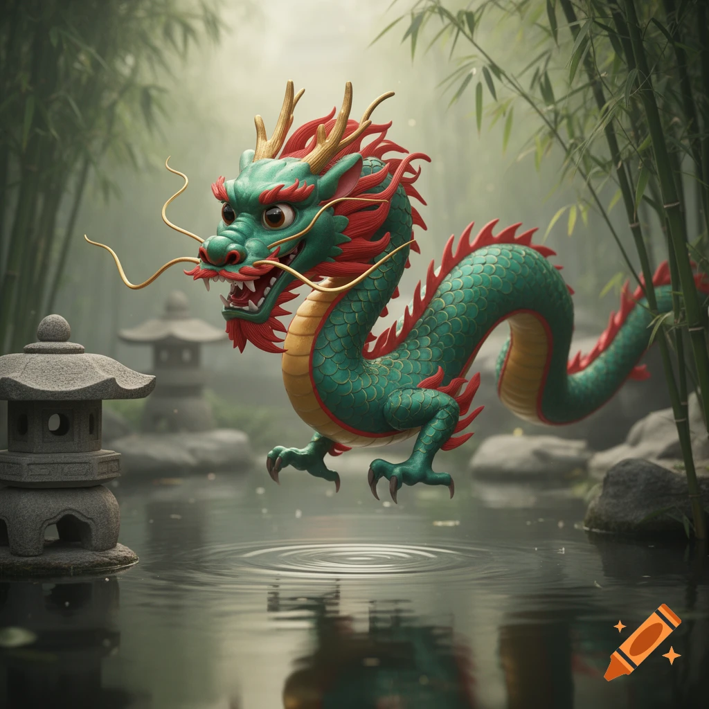 A cute, green and red Chinese dragon hovers over a pond with ripples, surrounded by bamboo and stone lanterns in a misty garden.