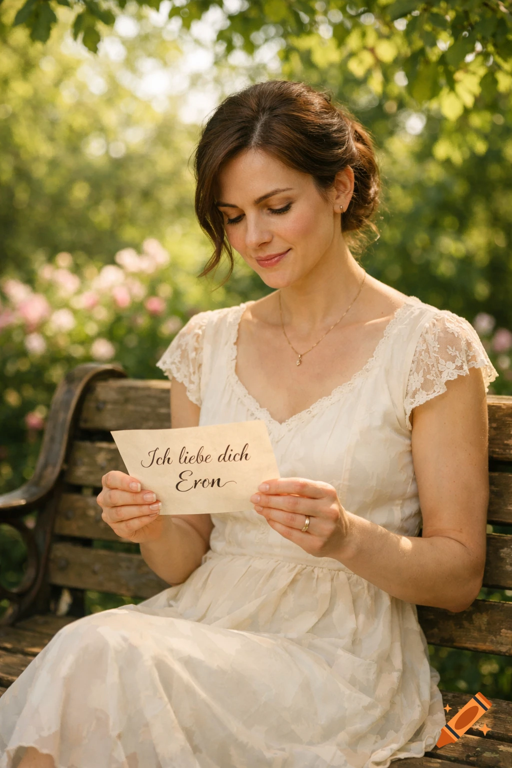 A woman in a cream dress smiles while reading a letter with "Ich liebe dich Eron" in a sunny garden.