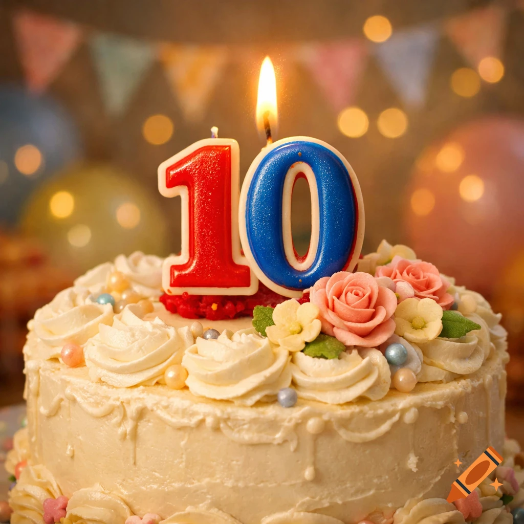 A close-up, photorealistic image of a white birthday cake decorated with pink and yellow sugar flowers, small pearls, and a lit '10' candle.