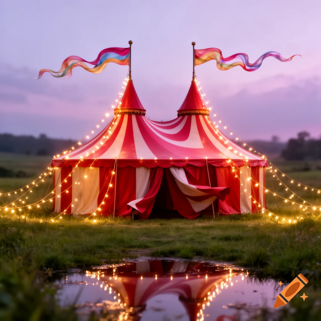 A red and white striped circus tent with two masts, colorful flags, and string lights, reflected in a puddle in a grassy field at dusk.