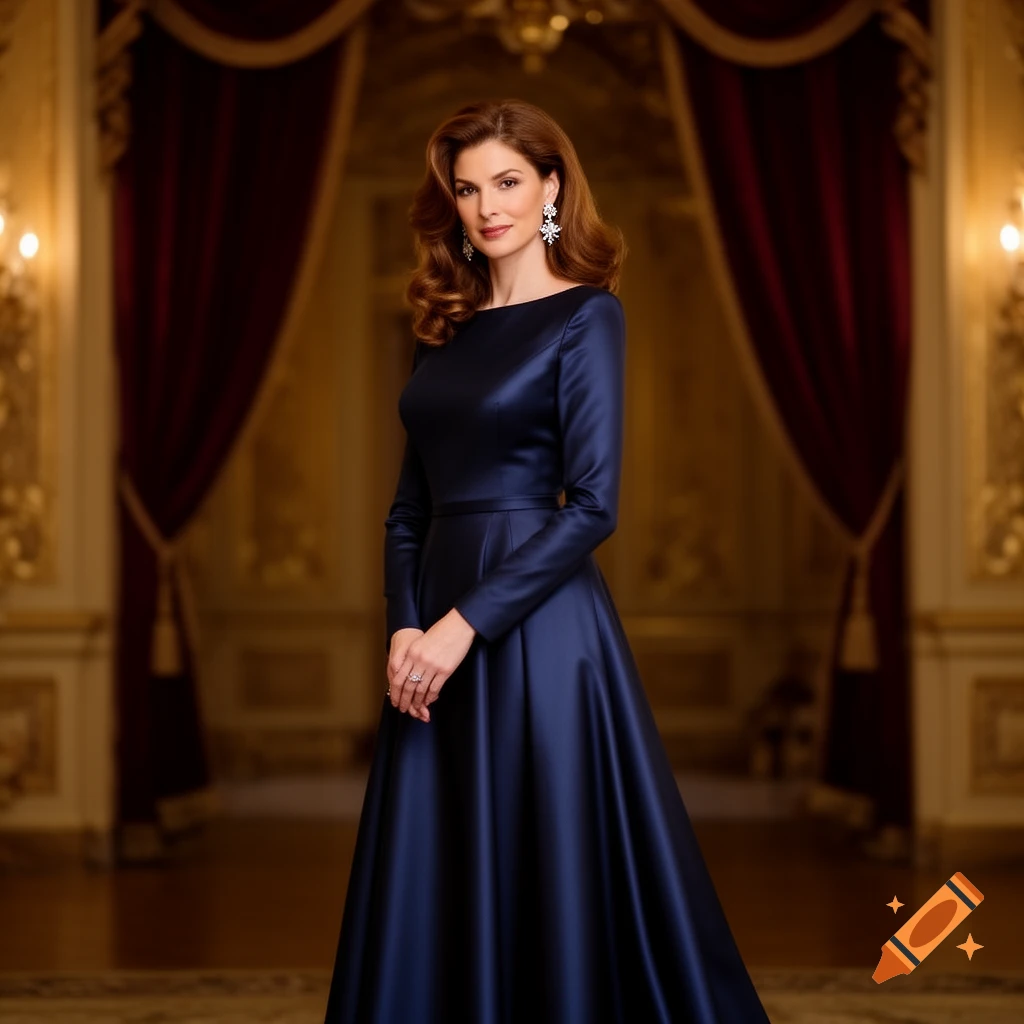 A woman in a long-sleeved navy blue satin gown stands elegantly in an opulent room with deep red curtains, looking directly at the viewer.