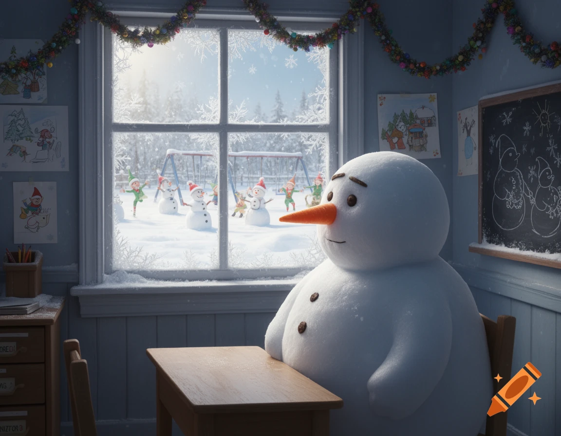 A sad snowman sits at a classroom desk, looking out a window at elves and other snowmen playing in a snowy North Pole playground.