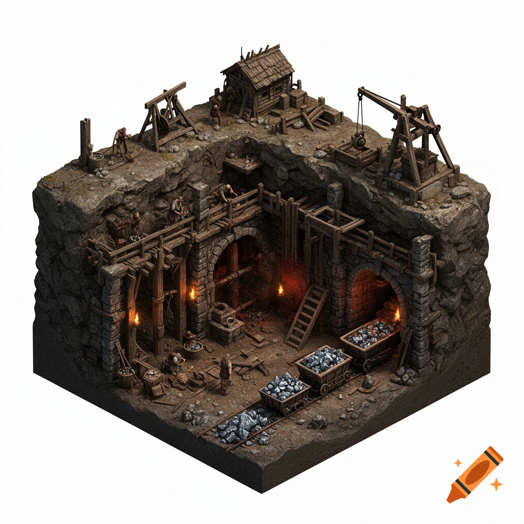 Detailed isometric 3D model of a medieval iron ore mine with workers, carts, and structures on a white background.