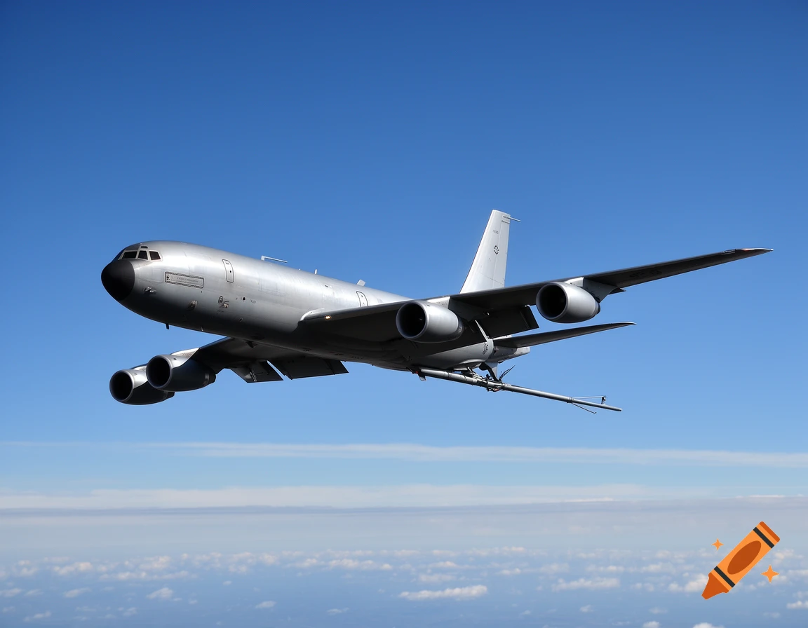 A photorealistic KC-135 military refueling aircraft flies high in a clear blue sky above a layer of white clouds.