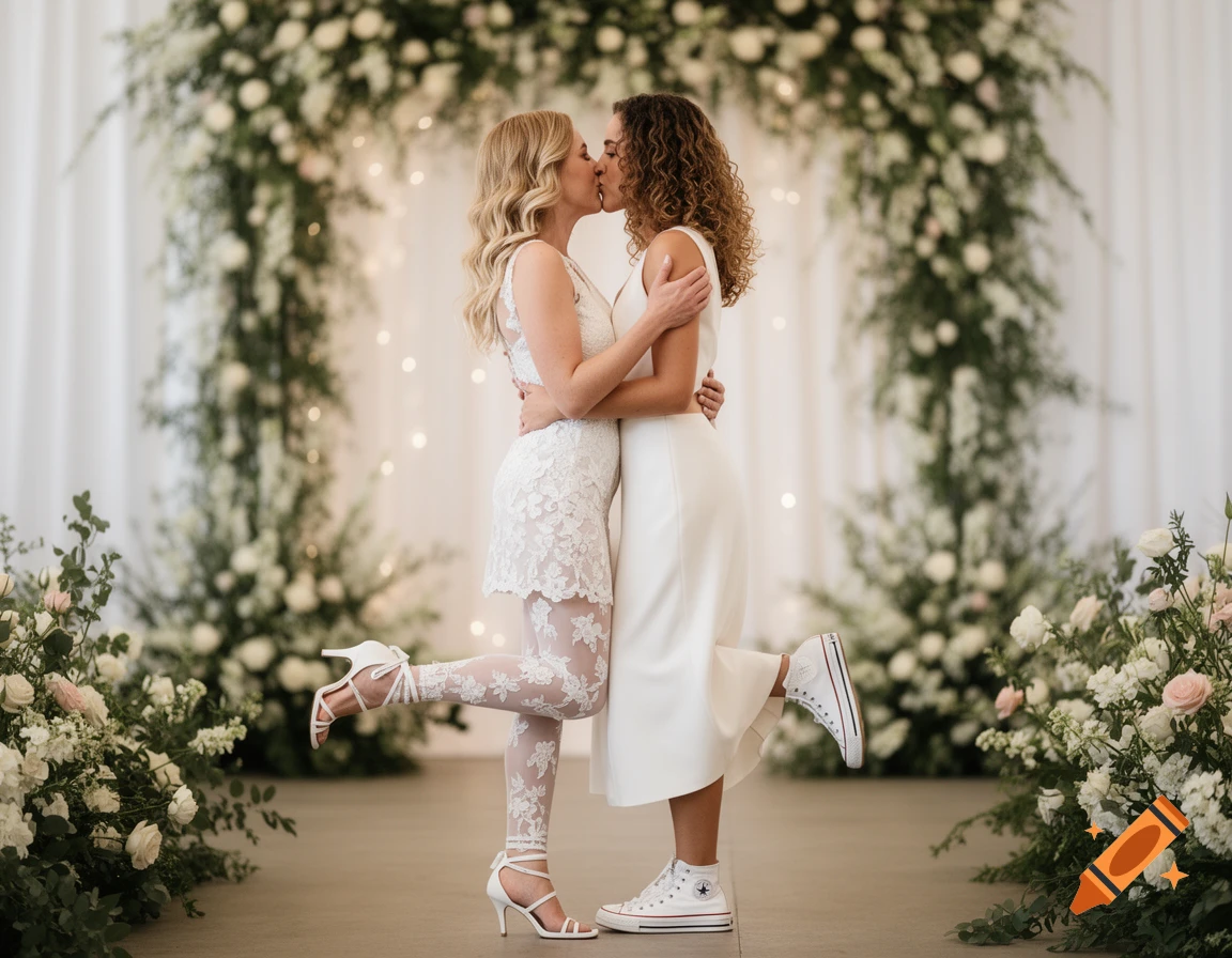 Two brides kiss passionately under a white floral arch, one lifting her leg, the other on tiptoes in white Converse.