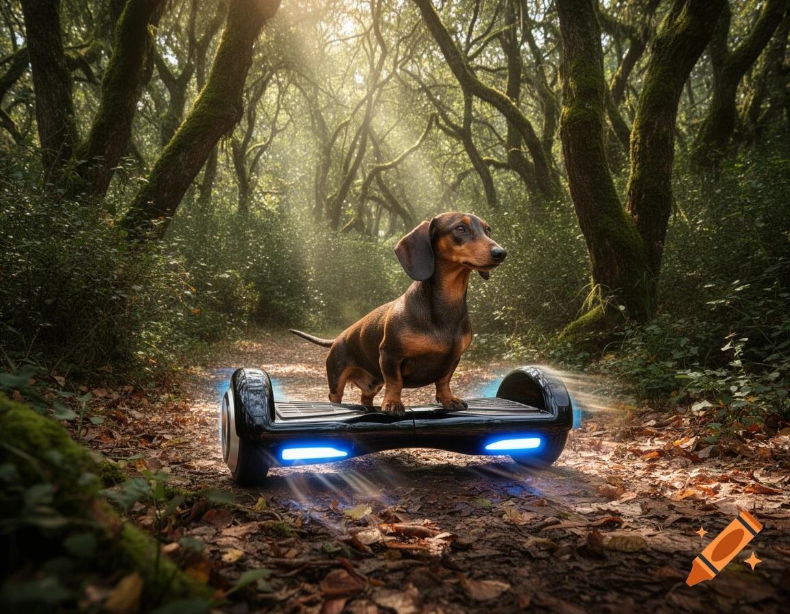 A photorealistic Dachshund rides a glowing hoverboard on a forest path ...