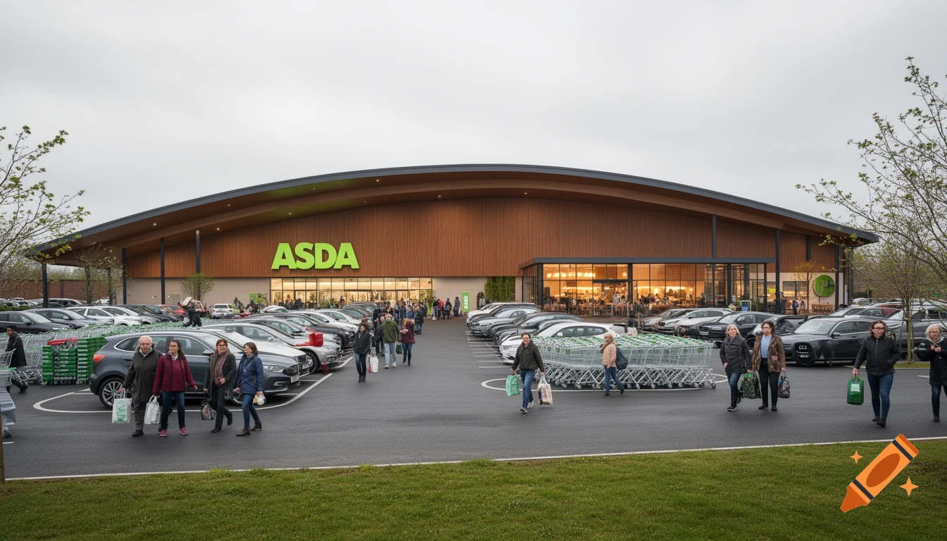 Exterior view of a modern ASDA supermarket with a curved wooden roof and large green logo, a busy car park, and shoppers.