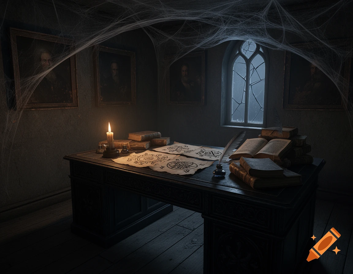 A dimly lit gothic room with a desk covered in ancient books, papers with occult symbols, a quill, and a burning candle. Spiderwebs hang from the ceiling, and a broken arched window looks out into a stormy night.